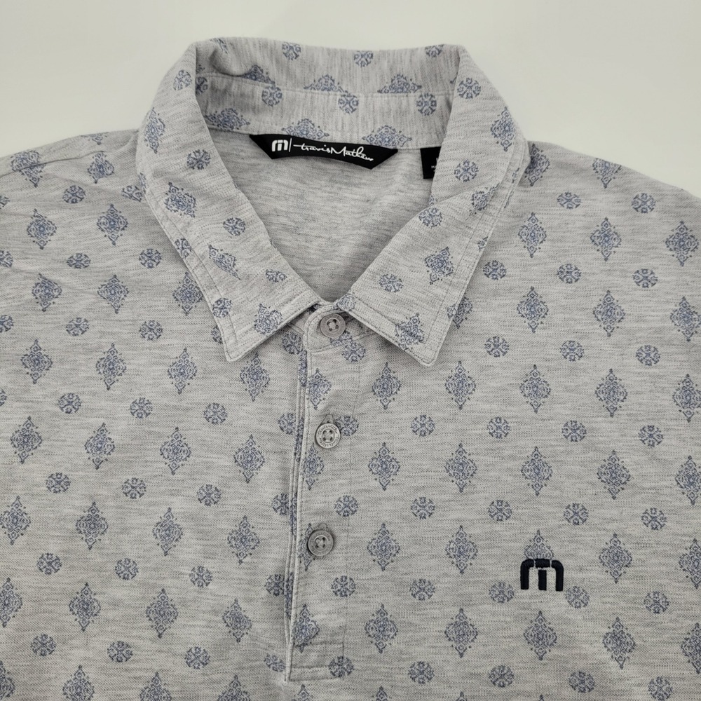 Travis Mathew Polo Shirt Mens Large Gray Blue‎ Pattern Golf Casual Short Sleeve